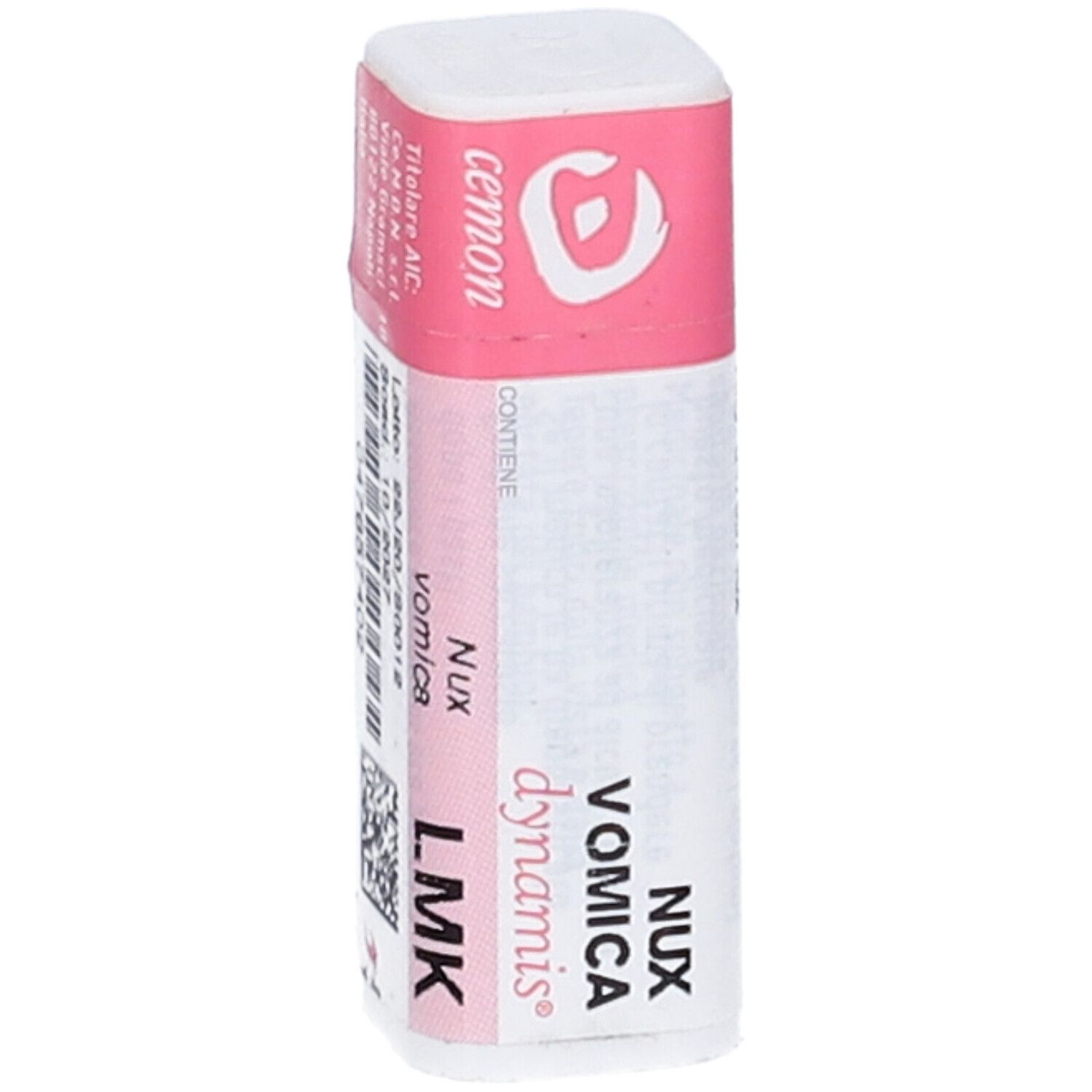 Confezione bianca rettangolare con coperchio rosa. Scritte: cemon, Nux Vomica, dynamis, LMK. Testo in italiano.