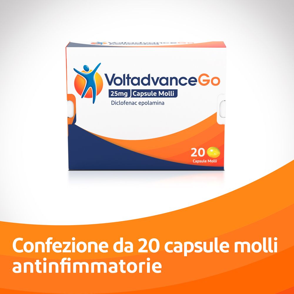 Confezione VoltadvanceGo, 20 capsule. Sfondo arancione. Nome e logo del prodotto sulla confezione.