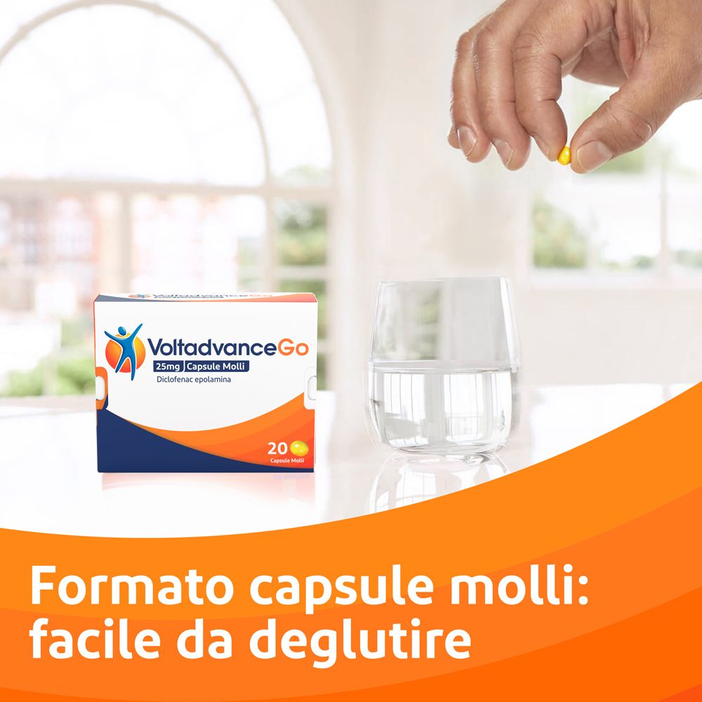 Mano tiene capsula gialla. Confezione VoltadvanceGo accanto. Testo: facile da deglutire.