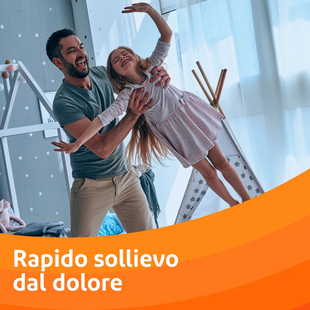 Uomo e bambina ridono. Testo: Rapido sollievo dal dolore.