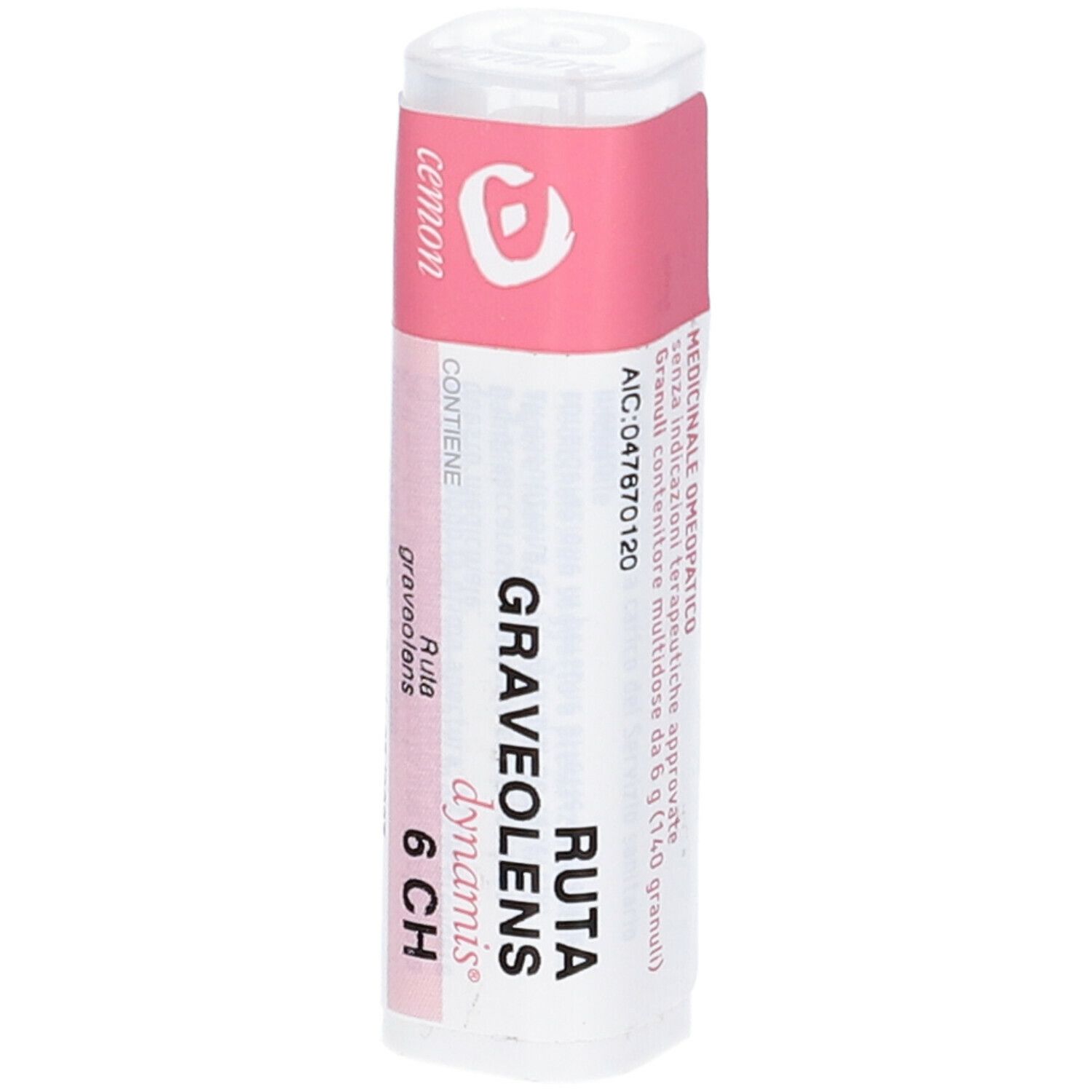 Flacone cilindrico con etichetta rosa e bianca. Scritta: Cemon Ruta Graveolens Dynamis 6 CH. Informazioni aggiuntive.