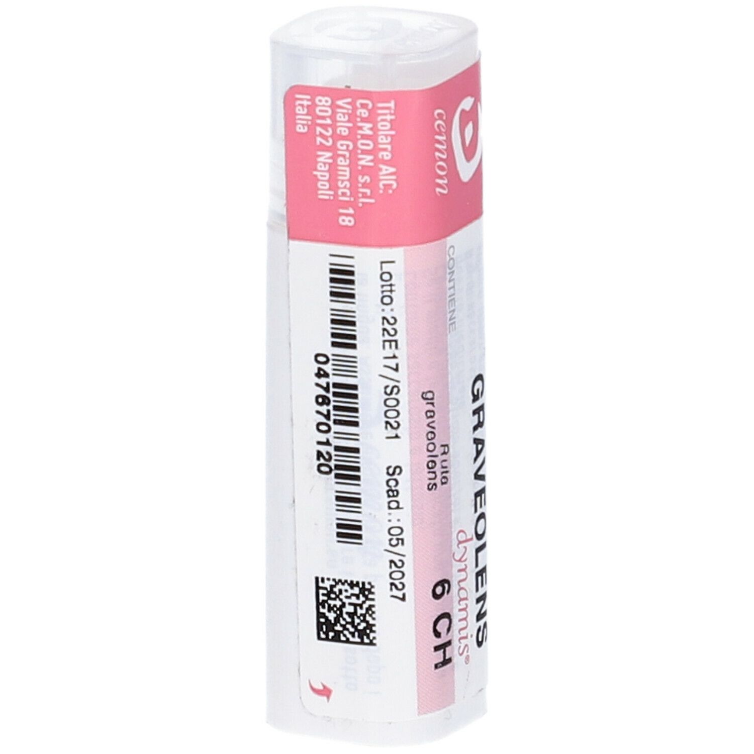 Flacone cilindrico con etichetta rosa e bianca. Scritta: Cemon Ruta Graveolens Dynamis 6 CH. Informazioni aggiuntive.