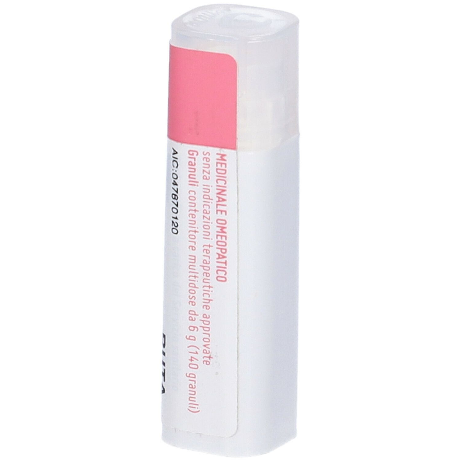 Flacone cilindrico con etichetta rosa e bianca. Scritta: Cemon Ruta Graveolens Dynamis 6 CH. Informazioni aggiuntive.