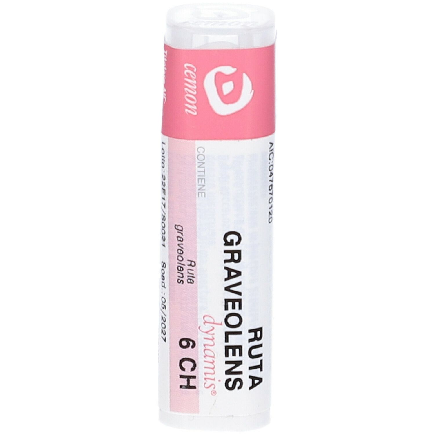 Flacone cilindrico con etichetta rosa e bianca. Scritta: Cemon Ruta Graveolens Dynamis 6 CH. Informazioni aggiuntive.