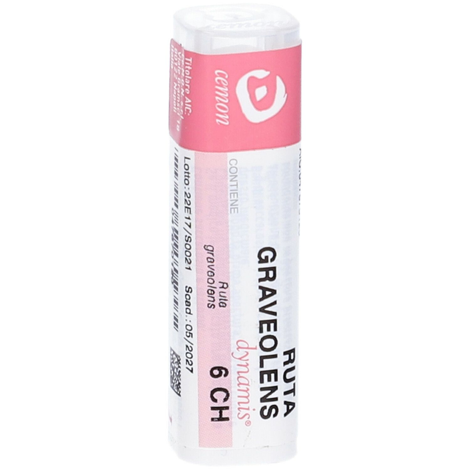 Flacone cilindrico con etichetta rosa e bianca. Scritta: Cemon Ruta Graveolens Dynamis 6 CH. Informazioni aggiuntive.