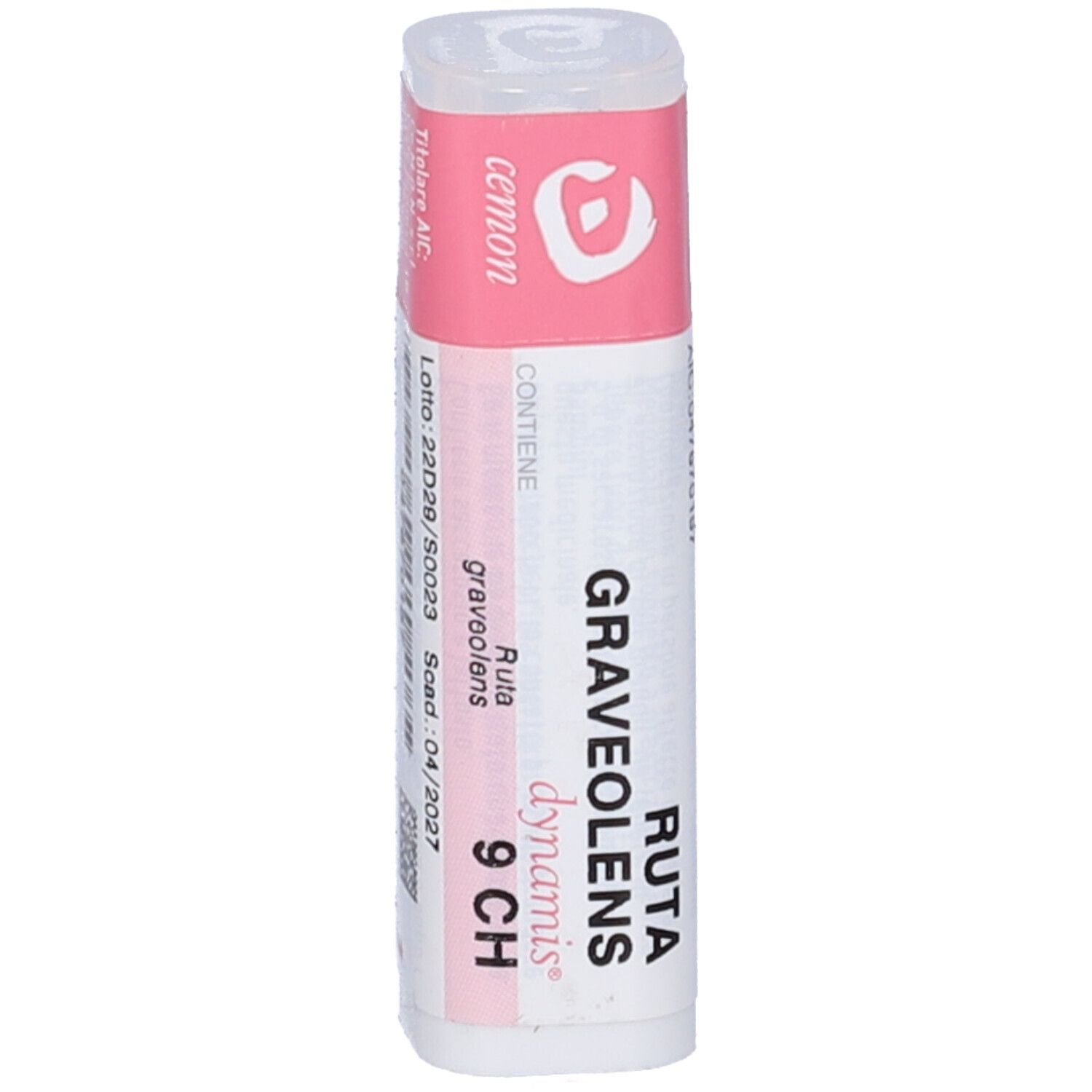 Confezione cilindrica. Etichetta rosa con testo bianco: Ruta Graveolens 9 CH, dynamis. Informazioni produttore.
