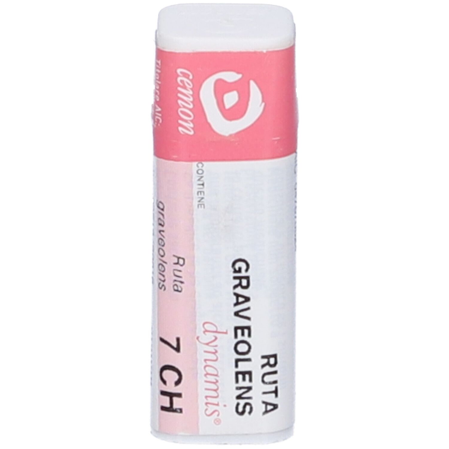 Flacone cilindrico con fascia rosa. Scritte: Ruta Graveolens 7 CH, cemon, dynamis. Nome del prodotto visibile.
