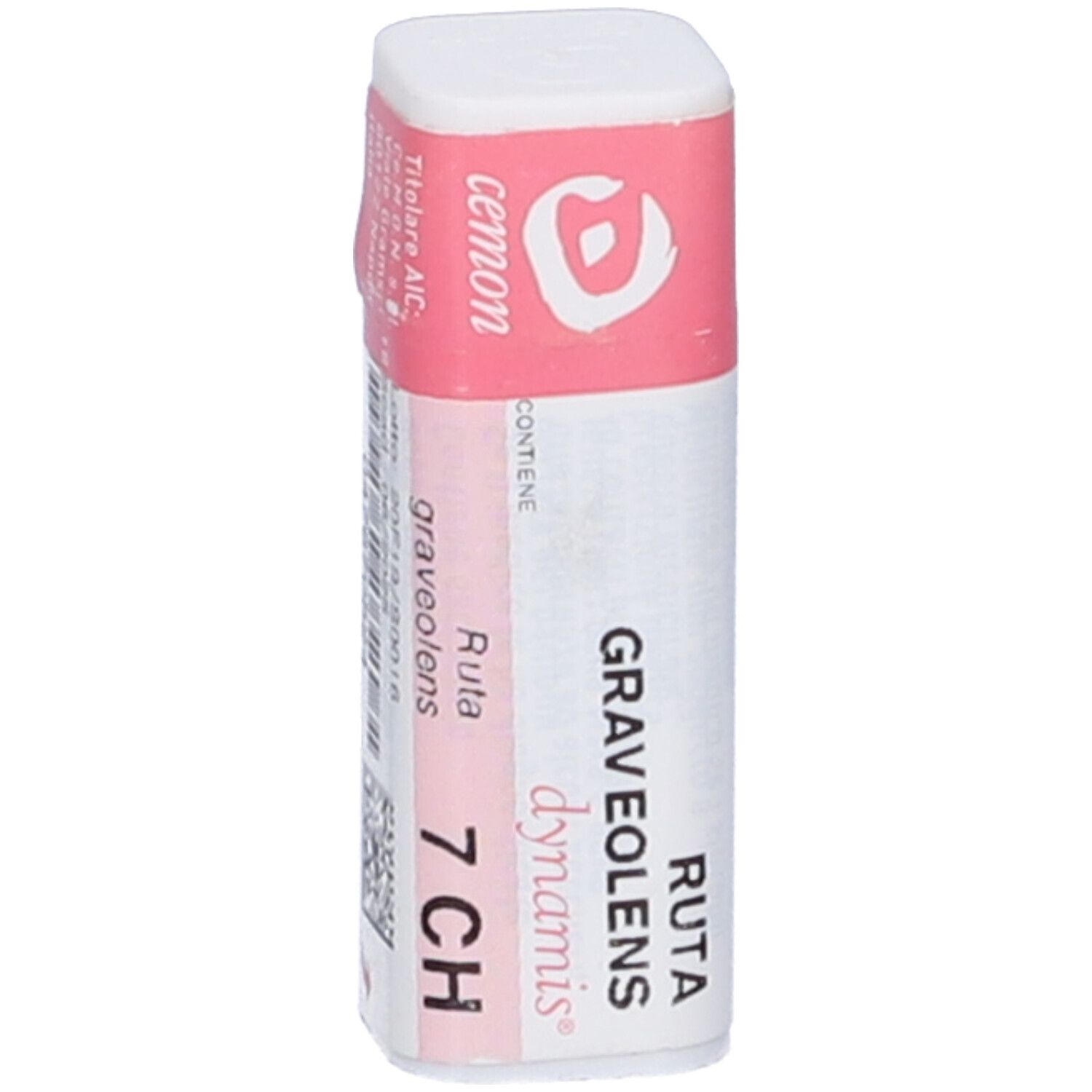 Flacone cilindrico con fascia rosa. Scritte: Ruta Graveolens 7 CH, cemon, dynamis. Nome del prodotto visibile.