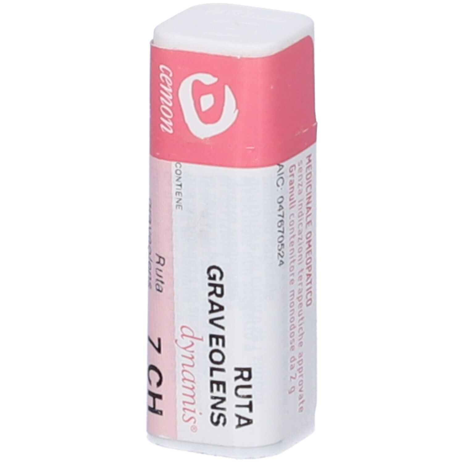 Flacone cilindrico con fascia rosa. Scritte: Ruta Graveolens 7 CH, cemon, dynamis. Nome del prodotto visibile.