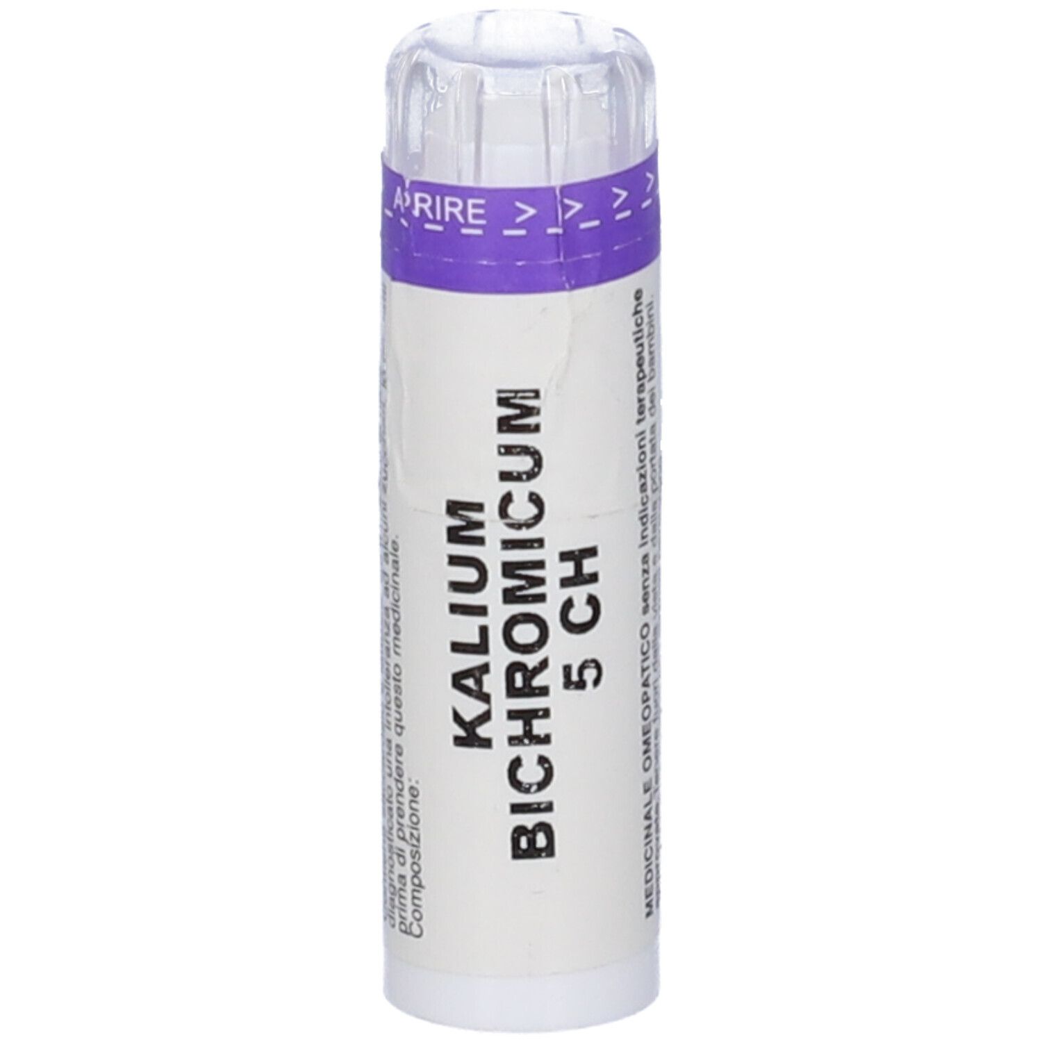 Confezione cilindrica con scritta Kalium Bichromicum 5 CH. Coperchio trasparente con frecce in alto.