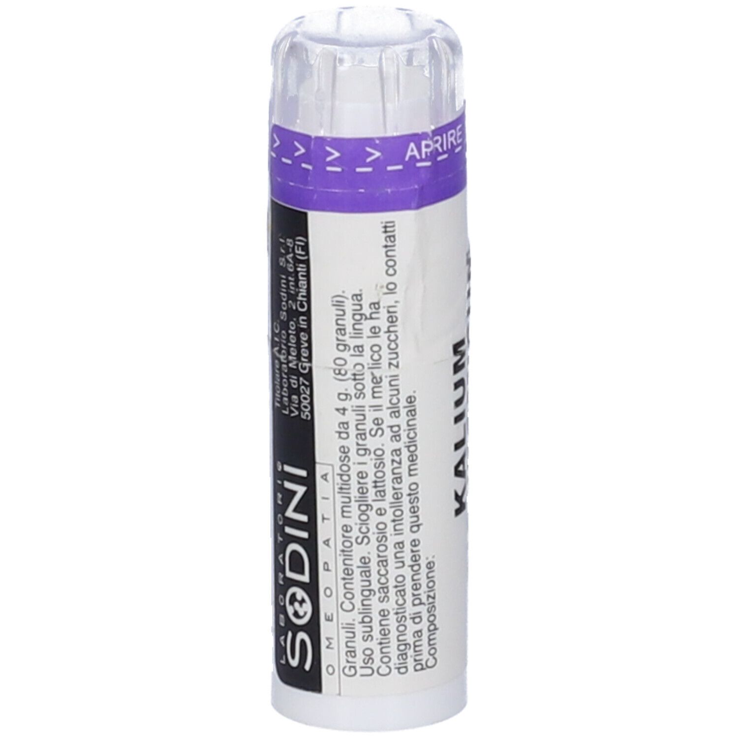 Confezione cilindrica con scritta Kalium Bichromicum 5 CH e SODINI. Coperchio trasparente con frecce.