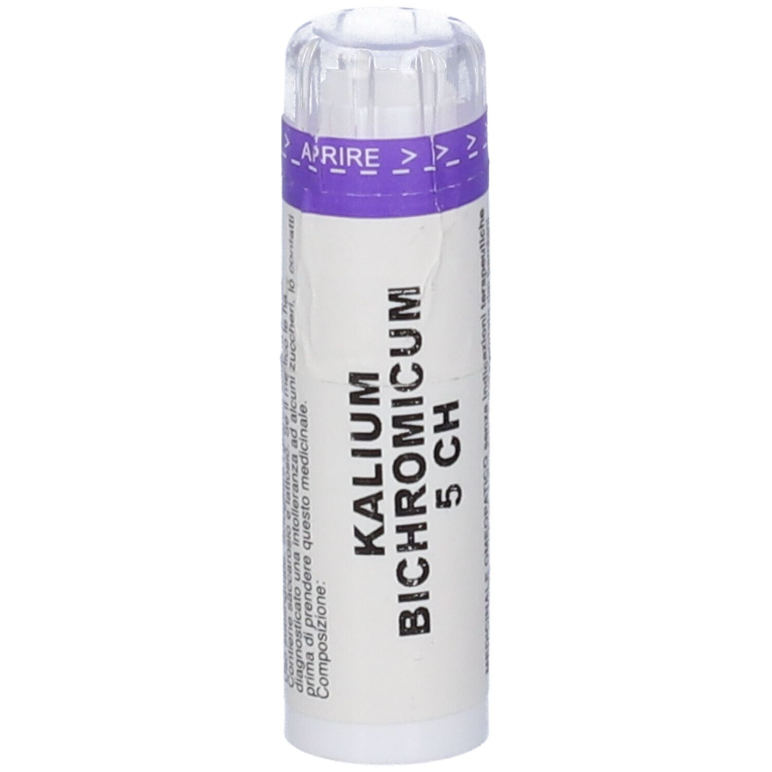 Confezione cilindrica con scritta Kalium Bichromicum 5 CH. Coperchio trasparente con frecce.