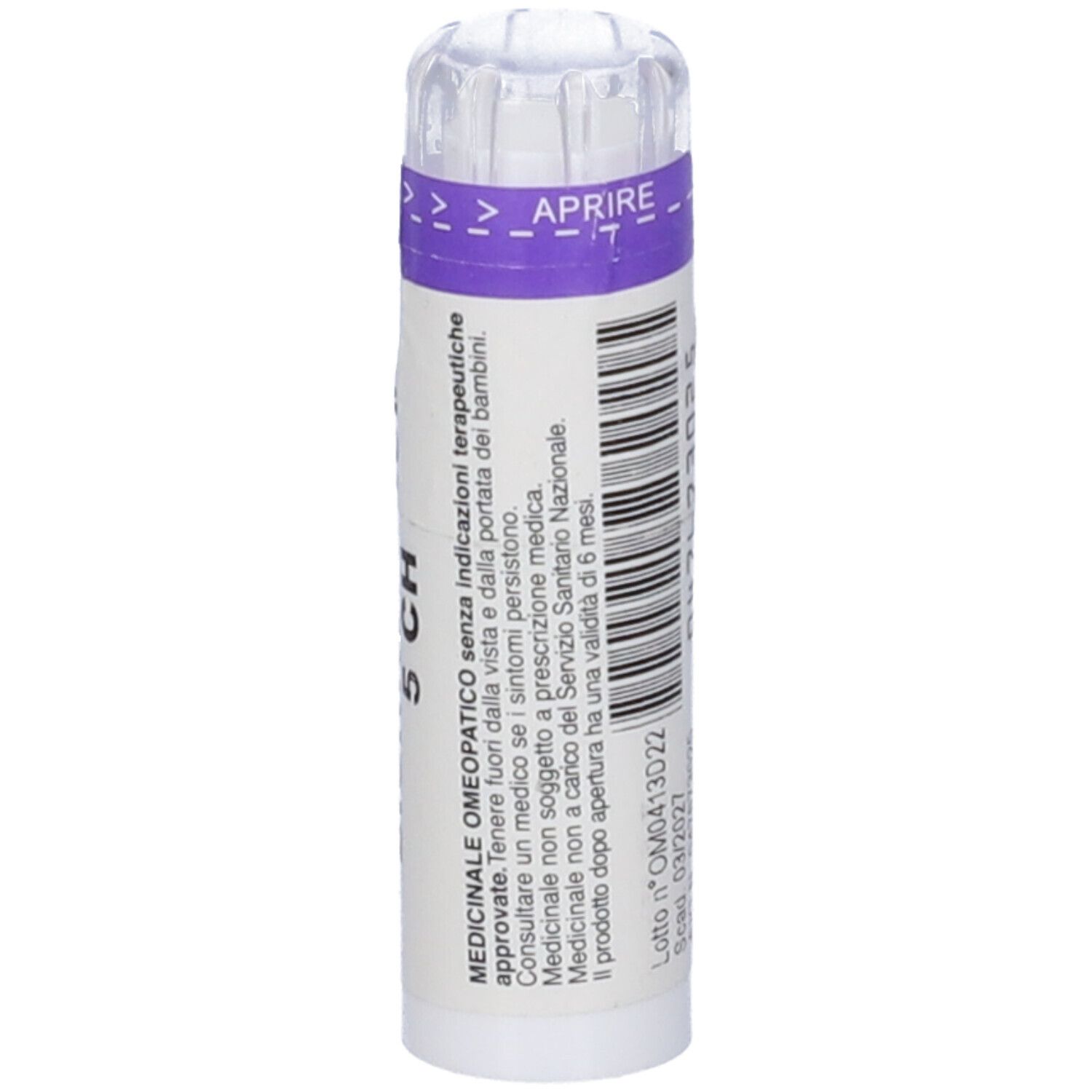 Confezione cilindrica con scritta Kalium Bichromicum 5 CH. Coperchio trasparente con frecce.