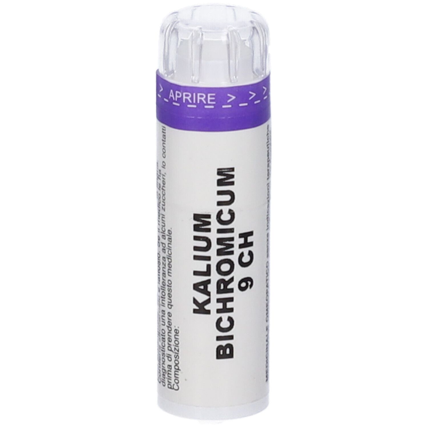 Flacone cilindrico con etichetta bianca. Scritta: Kalium Bichromicum 9 CH. Coperchio trasparente.