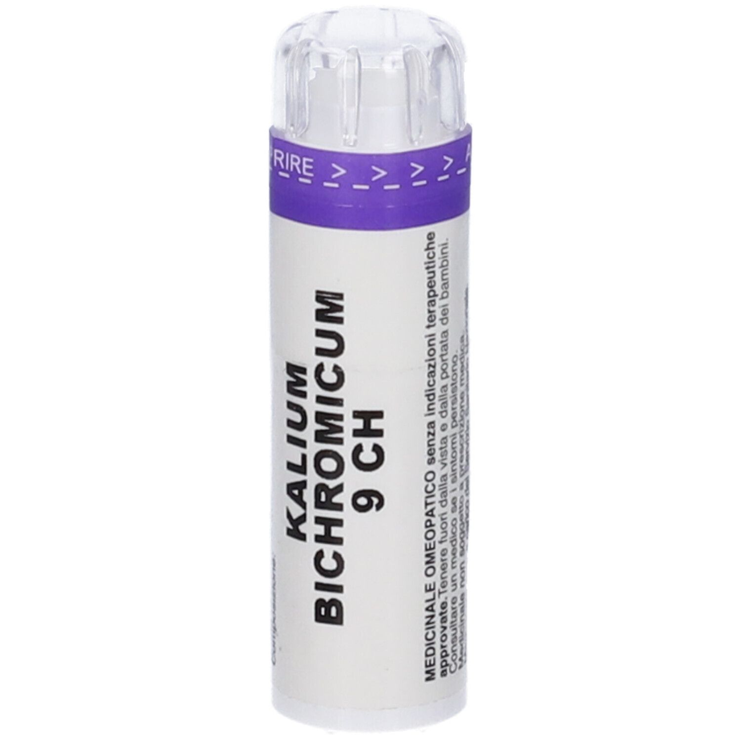 Flacone cilindrico con etichetta bianca. Scritta: Kalium Bichromicum 9 CH. Coperchio trasparente.