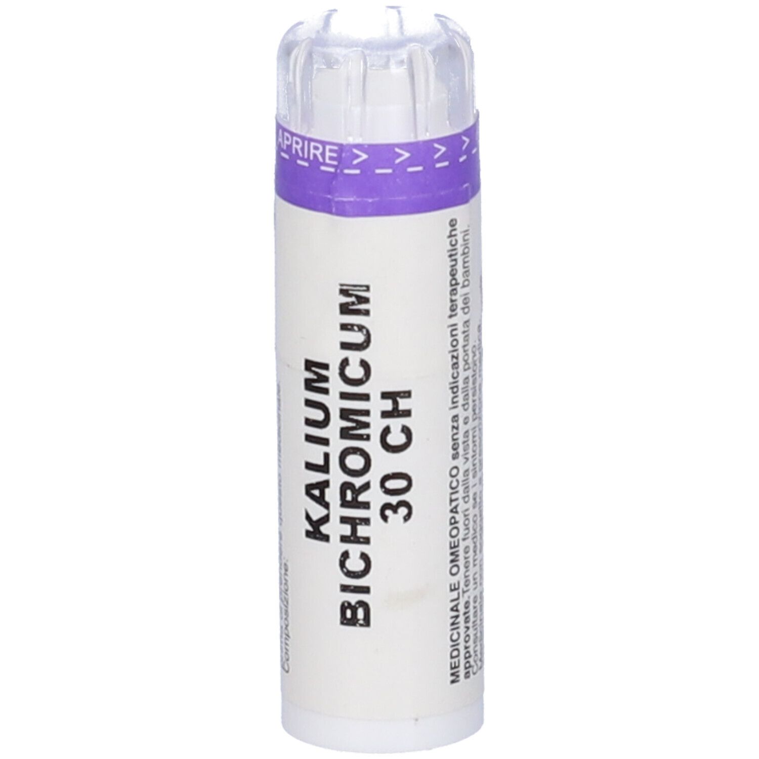 Flacone cilindrico con etichetta bianca e fascia viola. Scritta: Kalium Bichromicum 30 CH.