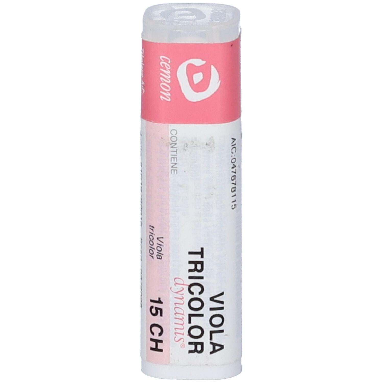 Flacone bianco con etichetta rosa. Scritta: Viola Tricolor dynamis 15 CH. Coperchio trasparente.