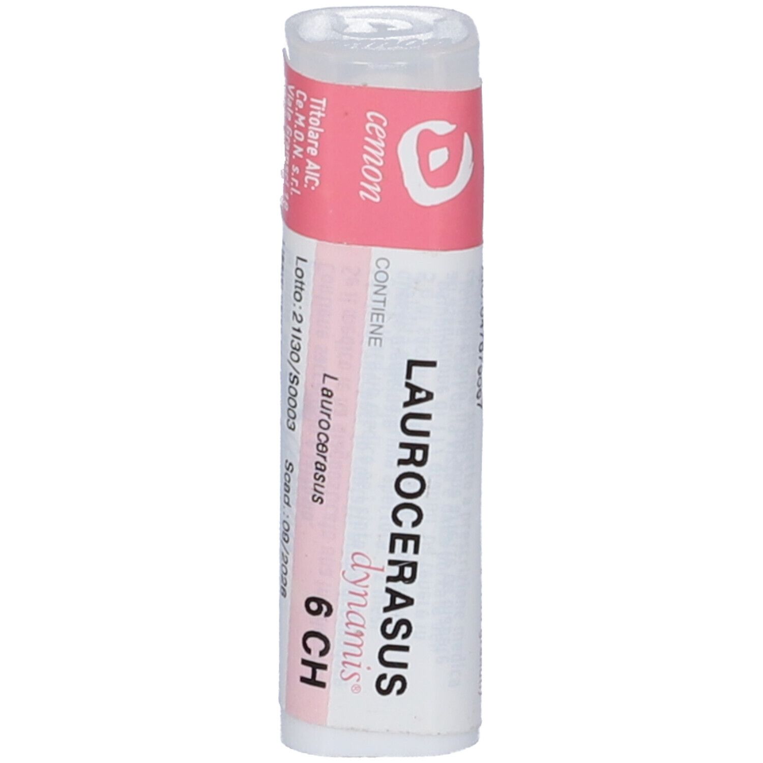 Confezione cilindrica con etichetta rosa. Scritto: LAUROCERASUS dynamis 6 CH.