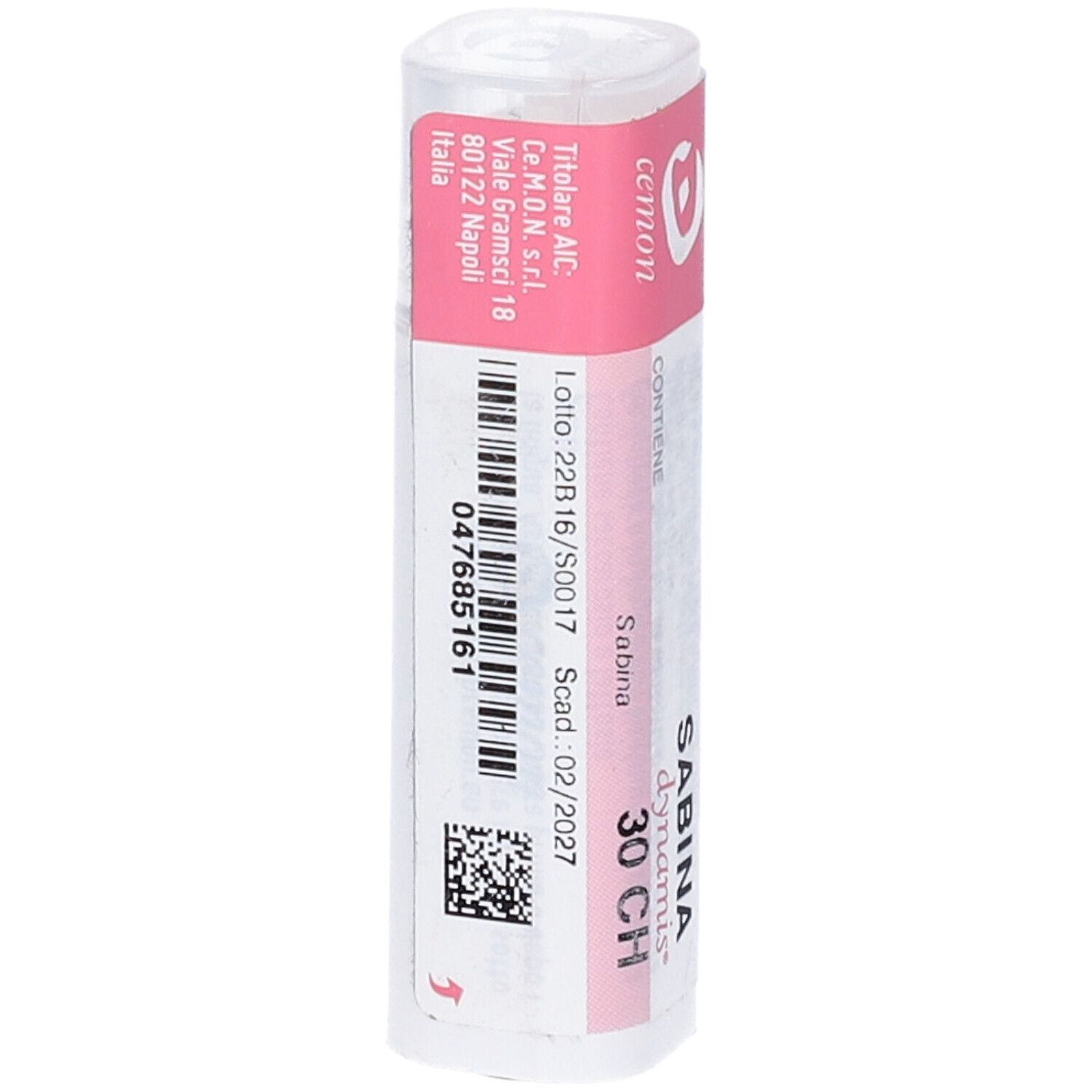 Confezione cilindrica con etichetta rosa. Scritte: Sabina dynamis 30 CH. Ulteriori informazioni testuali.