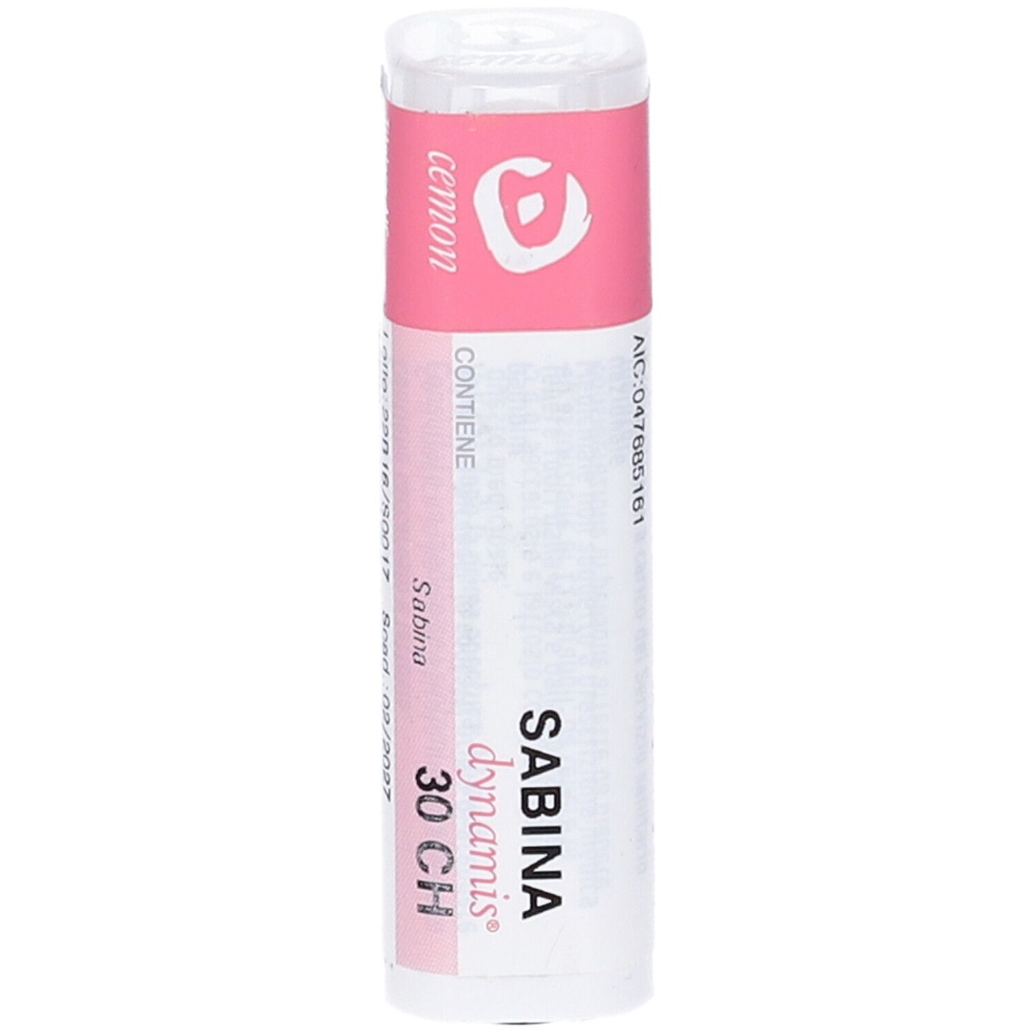 Confezione cilindrica con etichetta rosa. Scritte: Sabina dynamis 30 CH. Ulteriori informazioni testuali.