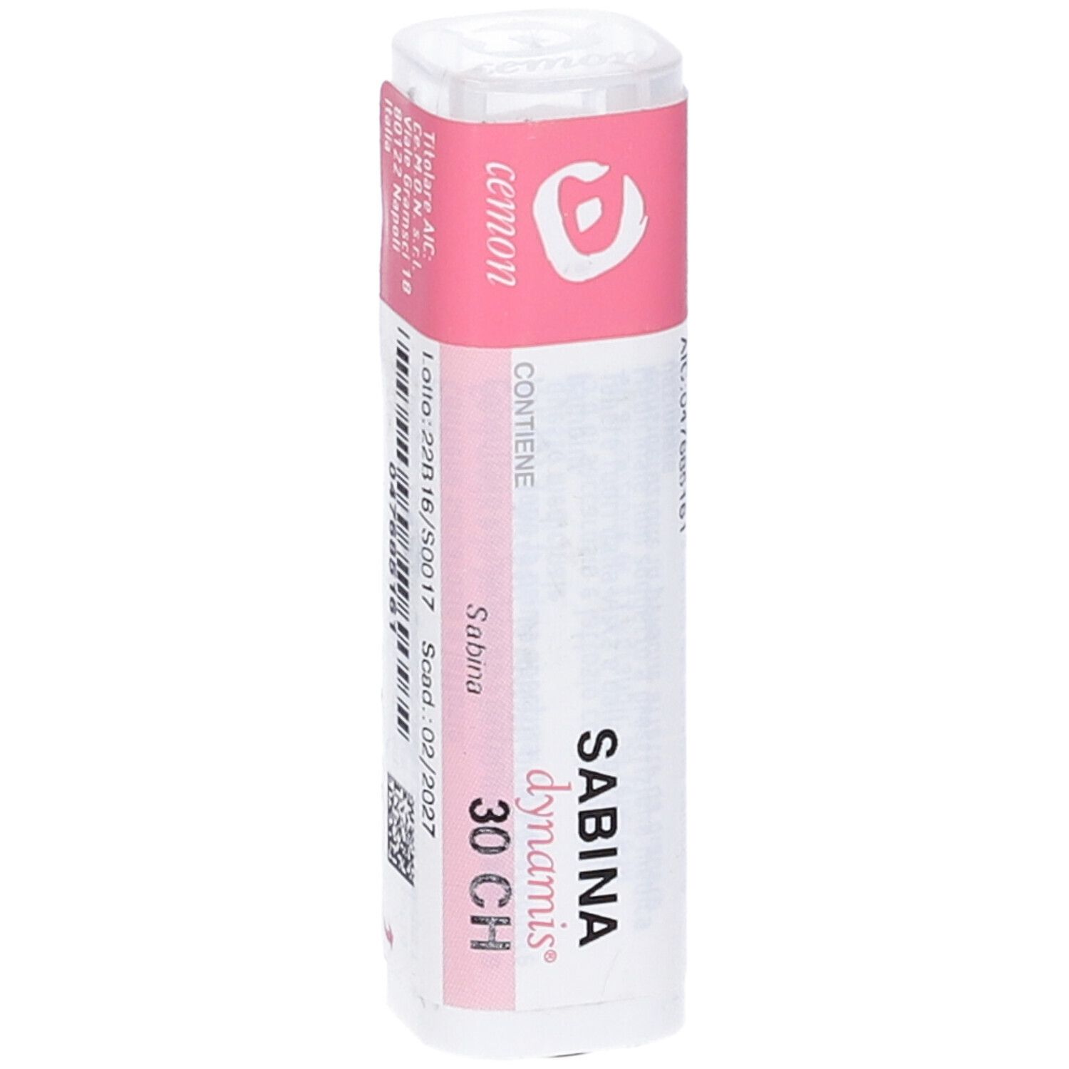 Confezione cilindrica con etichetta rosa. Scritte: Sabina dynamis 30 CH. Ulteriori informazioni testuali.