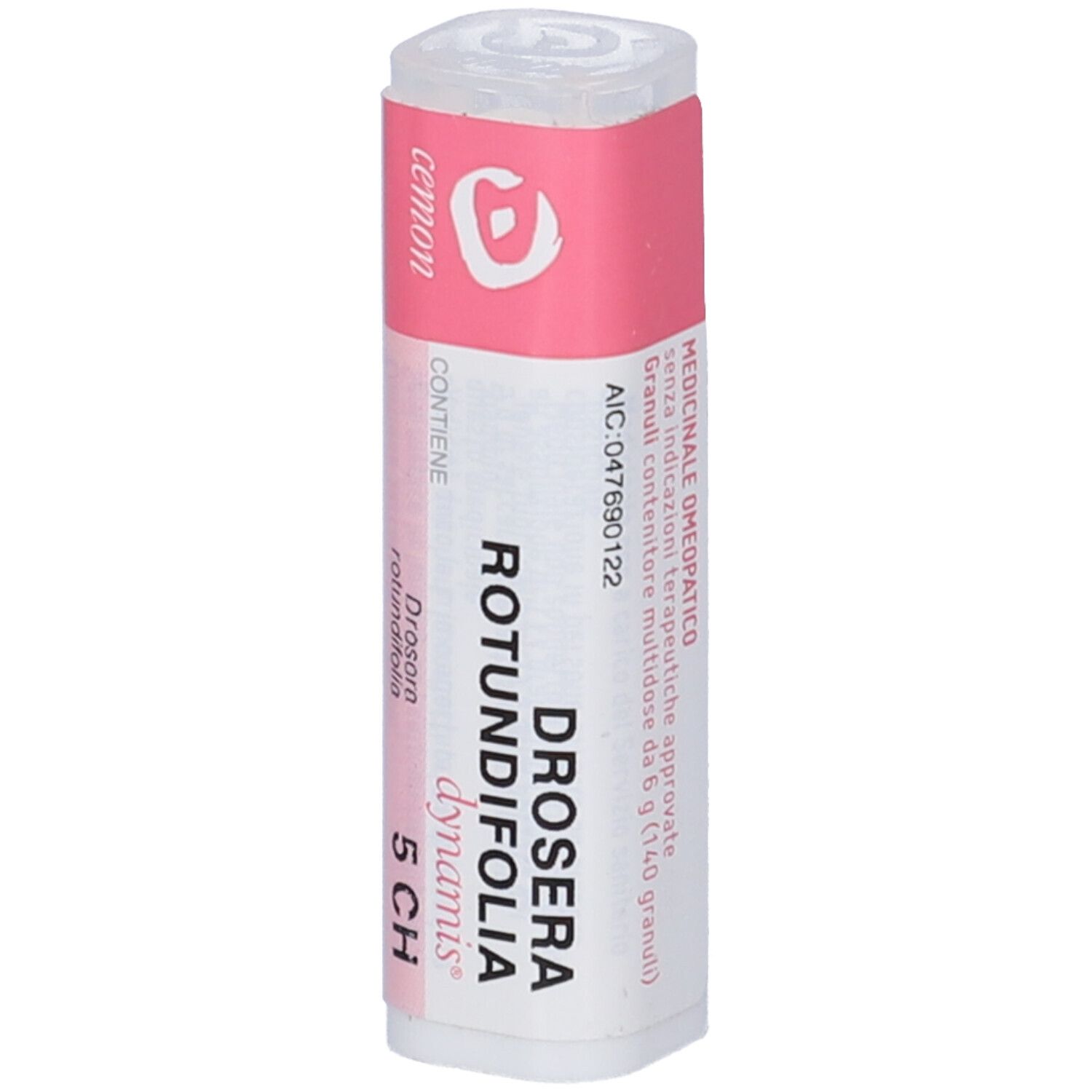 Confezione cilindrica bianca con fascia rosa. Scritta: Drosera Rotundifolia Dynamis 5 CH. Logo e nome del produttore.