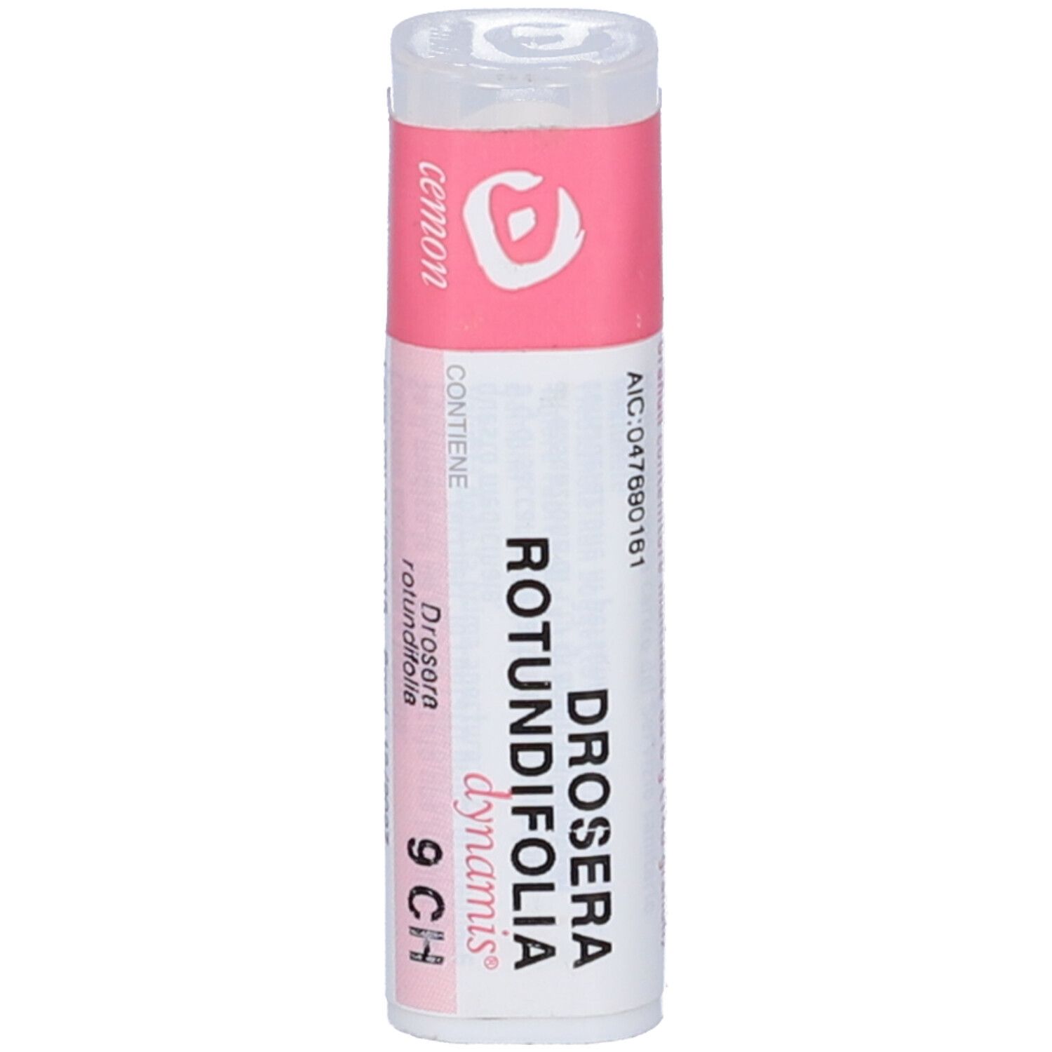 Flacone cilindrico bianco con etichetta rosa. Scritta: Drosera Rotundifolia Dynamis 9 CH. Coperchio bianco in alto.