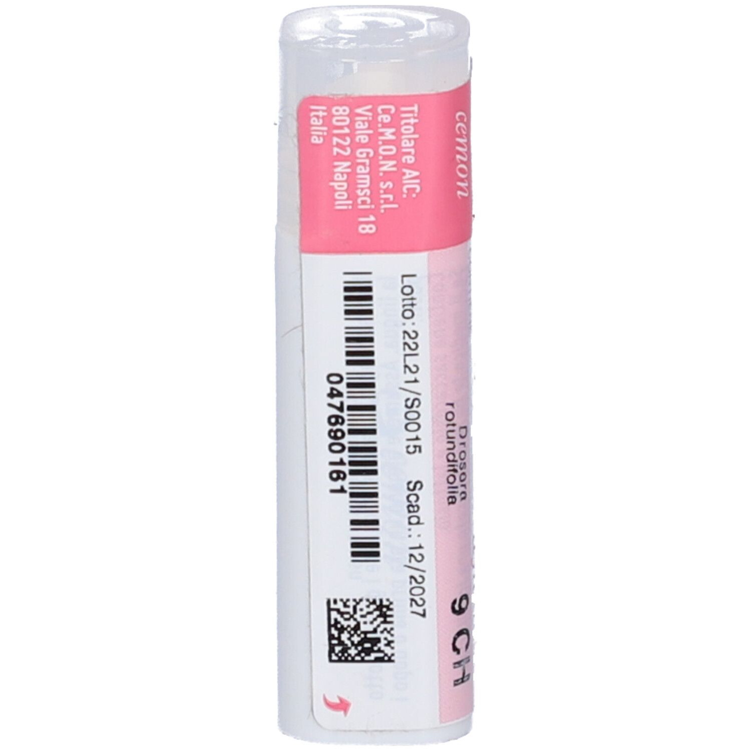 Flacone bianco con etichetta rosa e codice a barre. Scritta: Drosera Rotundifolia Dynamis 9 CH. Scadenza: 12/2027. Indirizzo e numero di lotto.