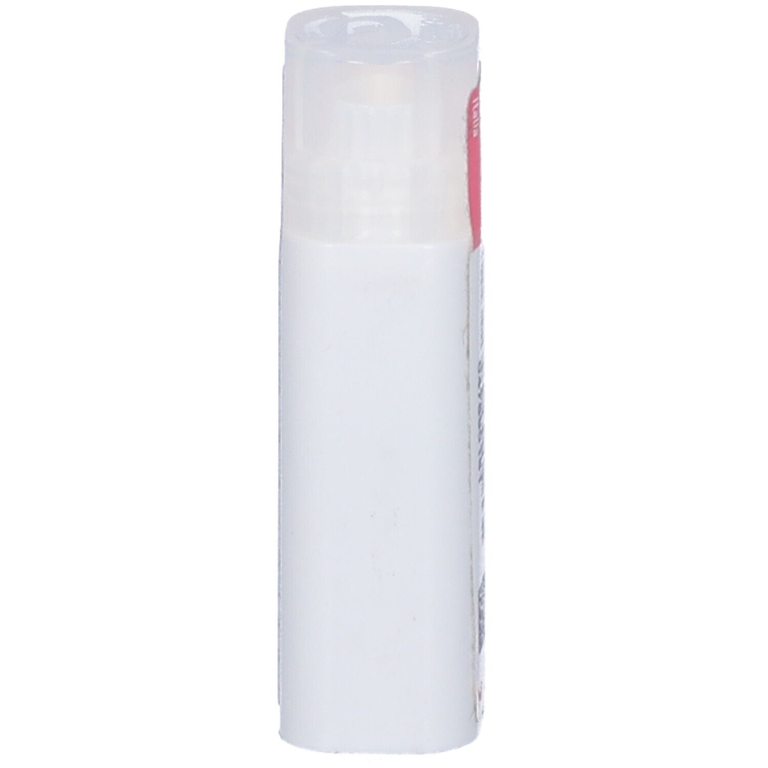 Flacone cilindrico bianco con coperchio trasparente. Etichetta rosa parzialmente visibile. Nessun altro dettaglio visibile.