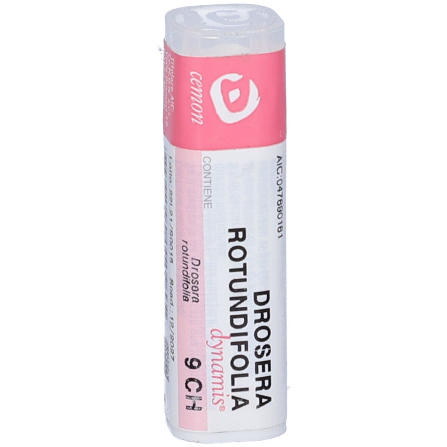 Flacone cilindrico bianco con etichetta rosa. Scritta: Drosera Rotundifolia Dynamis 9 CH. Coperchio bianco in alto.