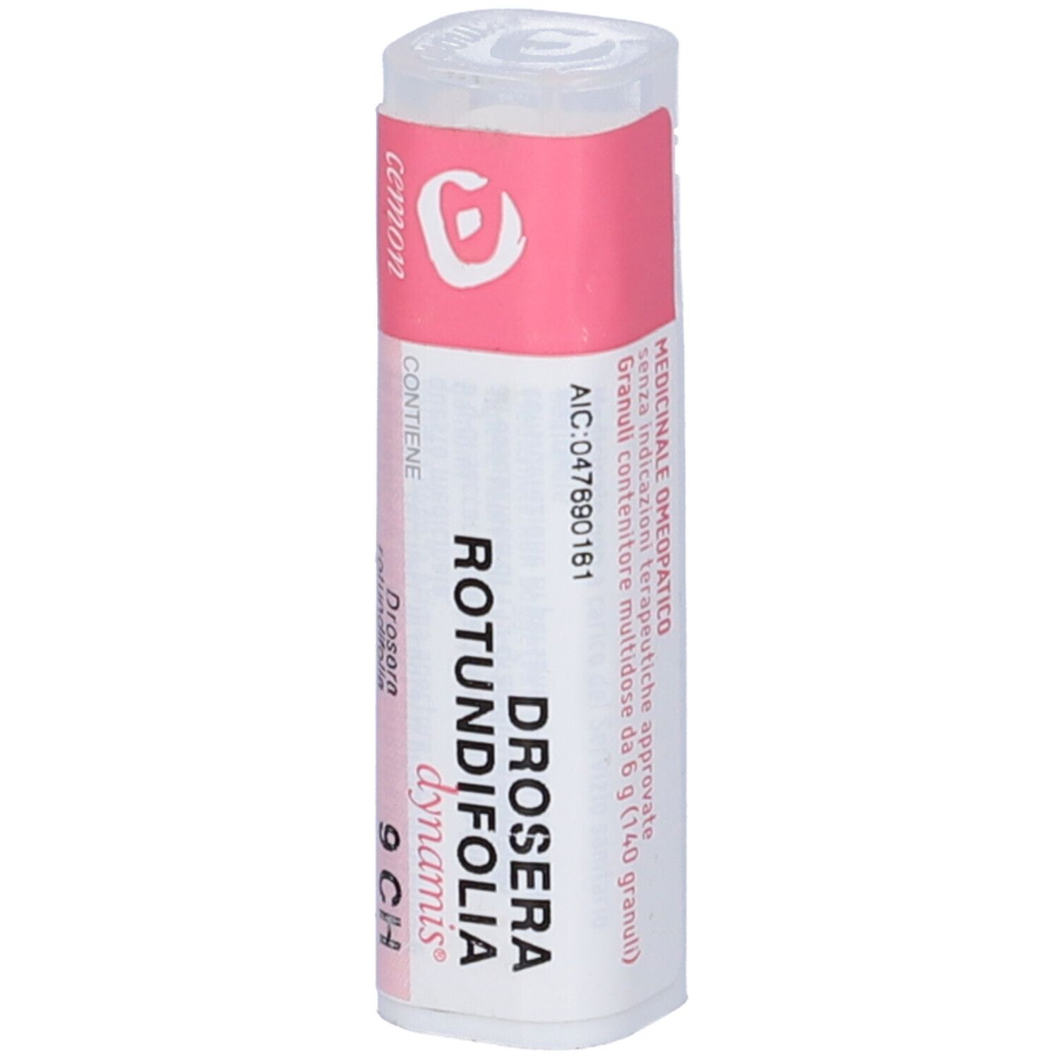 Flacone bianco con etichetta rosa. Scritta: Drosera Rotundifolia Dynamis 9 CH. Contiene 140 granuli. Coperchio bianco in alto.