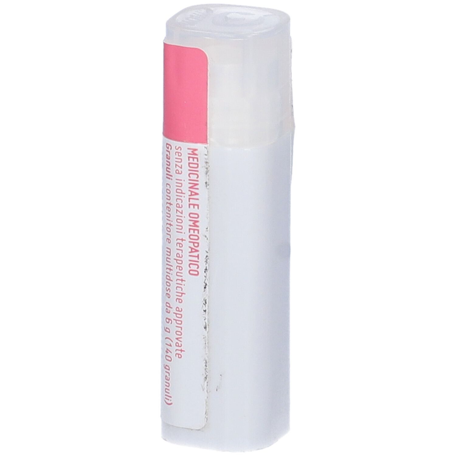 Confezione cilindrica con etichetta rosa. Scritta: Medicinale omeopatico, 140 Granuli.