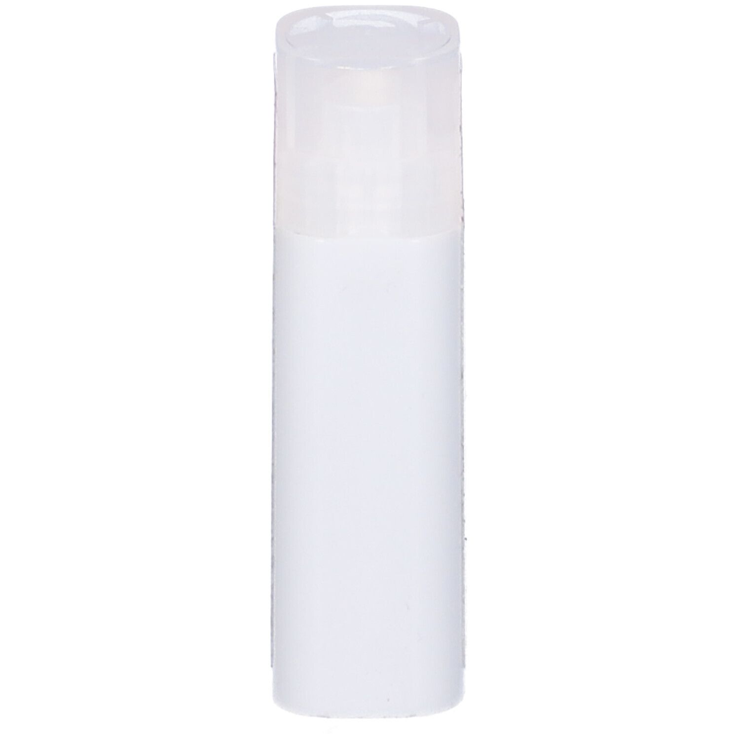 Flacone cilindrico bianco con coperchio trasparente. Nessuna scritta visibile.
