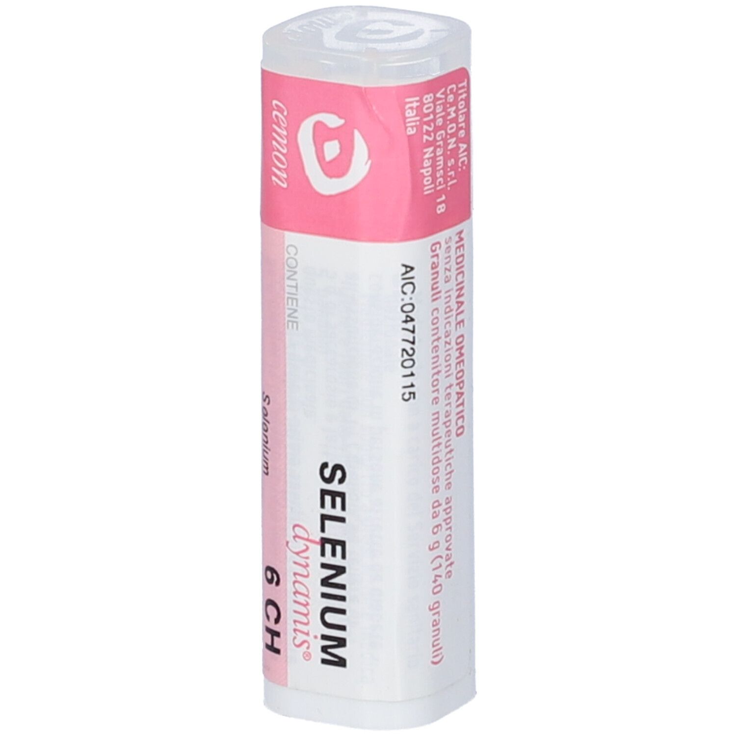 Confezione cilindrica con etichetta rosa. Scritta: Selenium dynamis 6 CH. Informazioni del produttore e numero di autorizzazione.