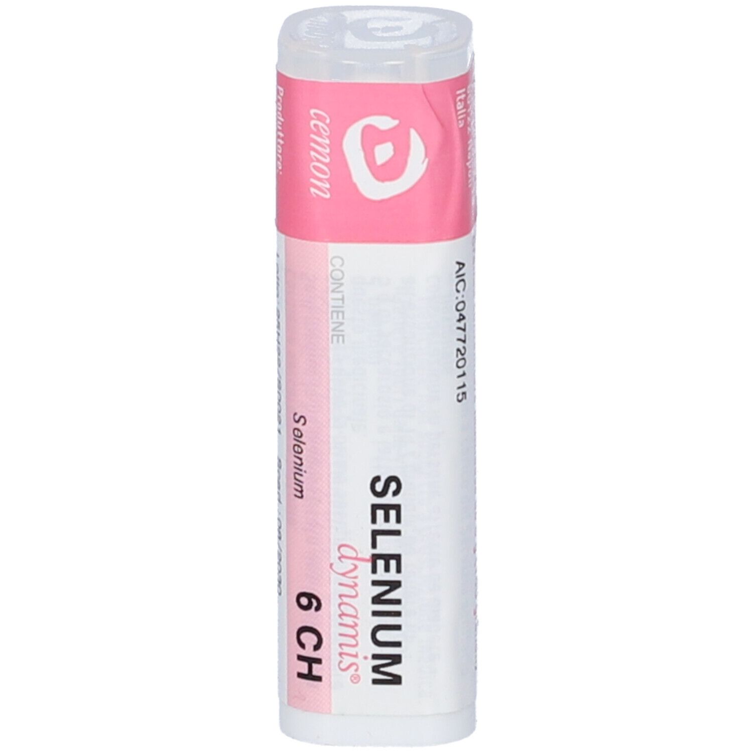 Confezione cilindrica con etichetta rosa. Scritta: Selenium dynamis 6 CH. Informazioni del produttore.