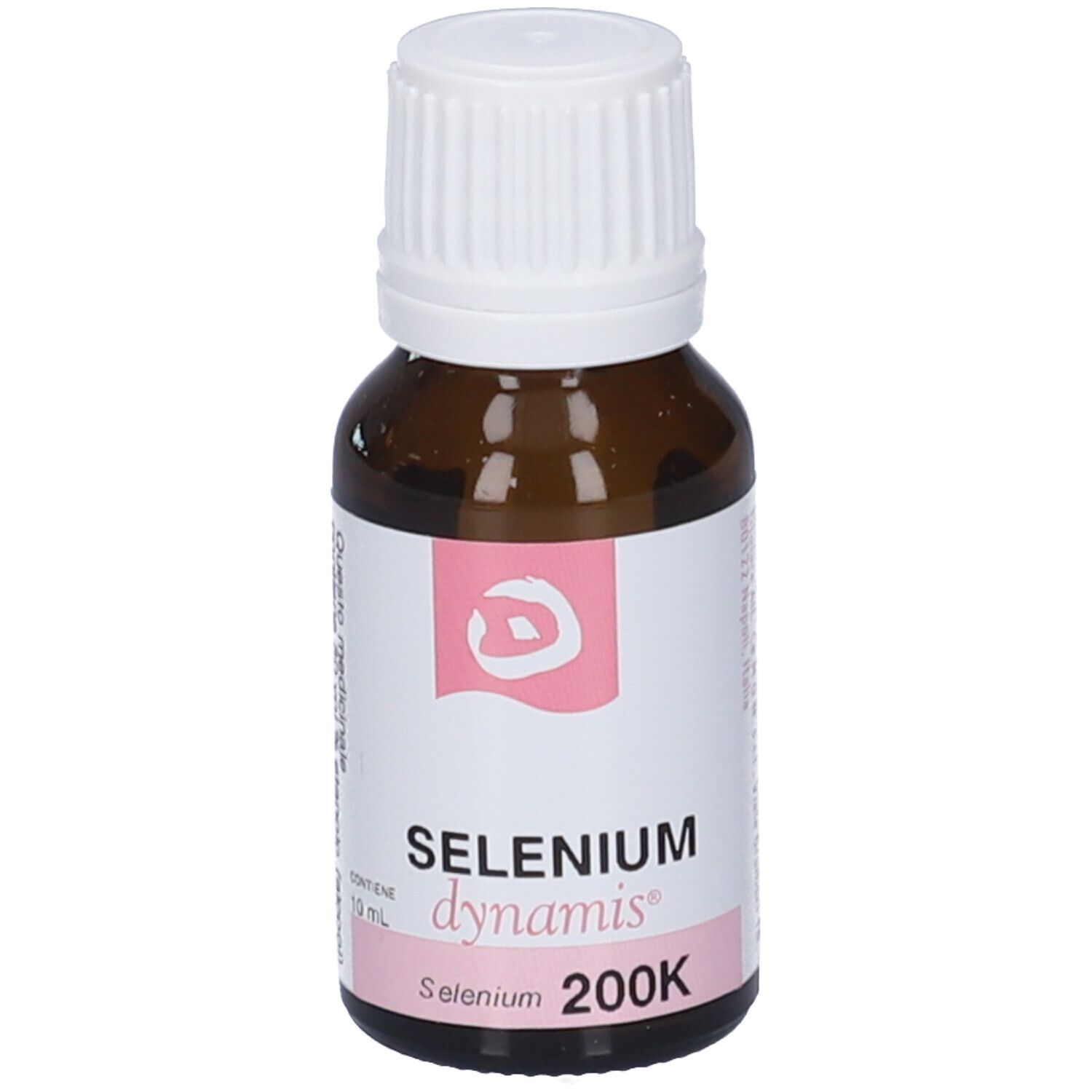 Flacone di vetro marrone con tappo bianco ed etichetta rosa. Scritta: Selenium dynamis 200K.