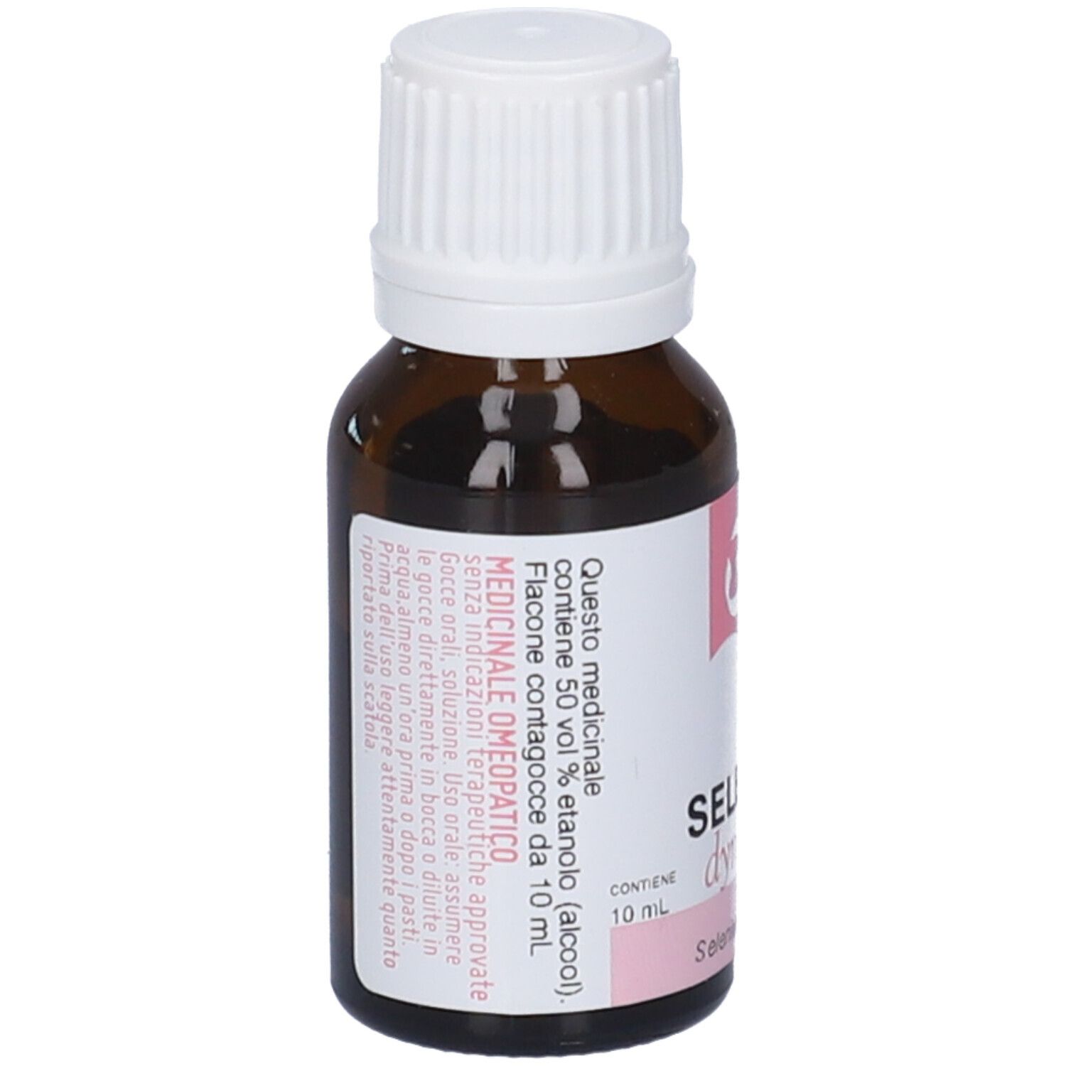 Flacone di vetro marrone con tappo bianco ed etichetta rosa. Scritta: Selenium dynamis 200K, 10 ml.