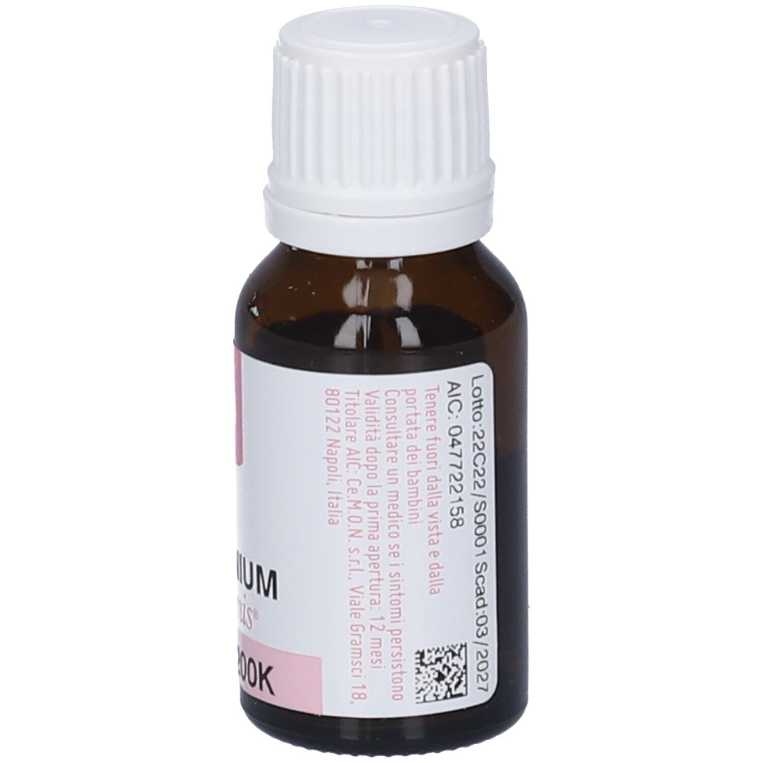 Flacone di vetro marrone con tappo bianco ed etichetta rosa. Scritta: Selenium dynamis 200K, 10 ml.