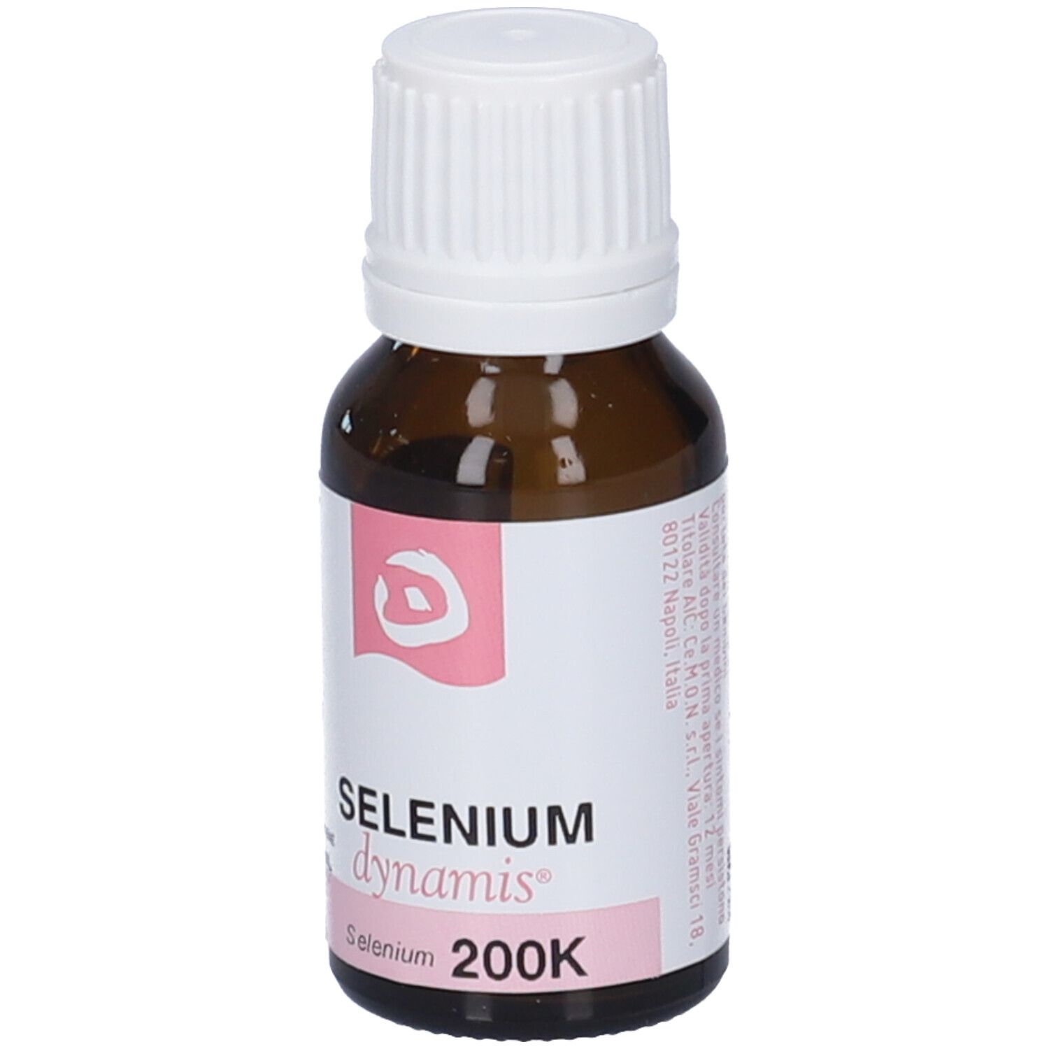 Flacone di vetro marrone con tappo bianco ed etichetta rosa. Scritta: Selenium dynamis 200K, 10 ml.