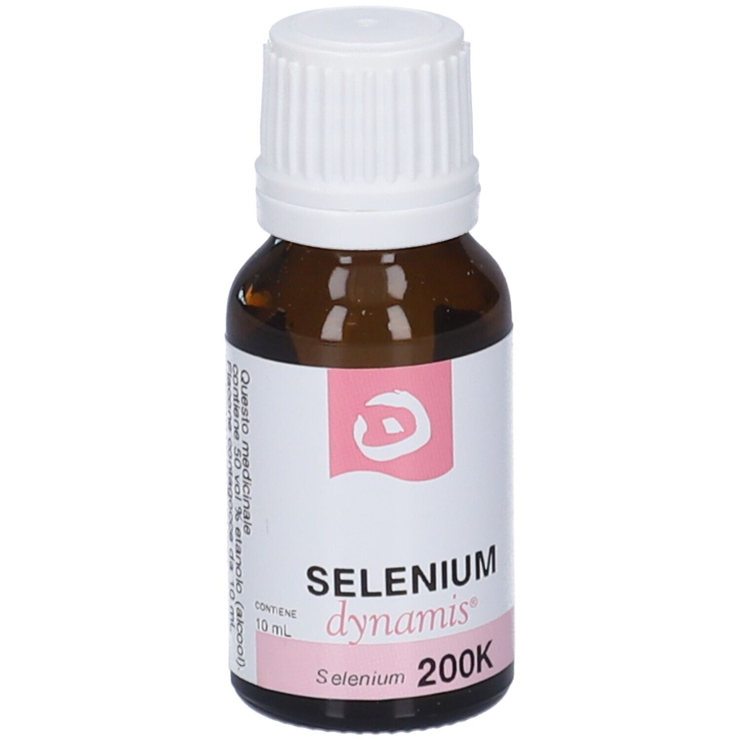 Flacone di vetro marrone con tappo bianco ed etichetta rosa. Scritta: Selenium dynamis 200K, 10 ml.