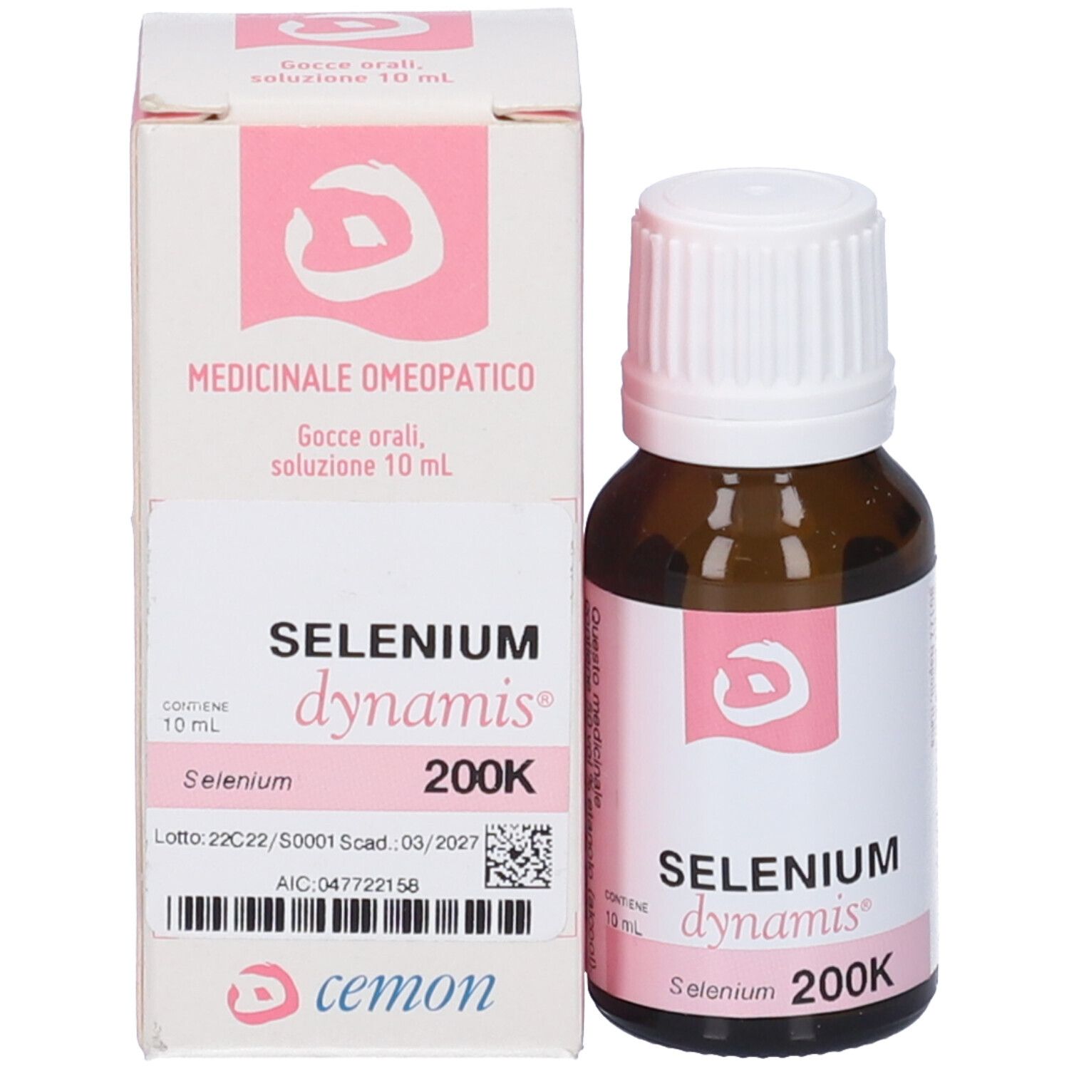 Confezione e flacone del prodotto. Scritta: Selenium dynamis 200K, 10 ml, cemon.