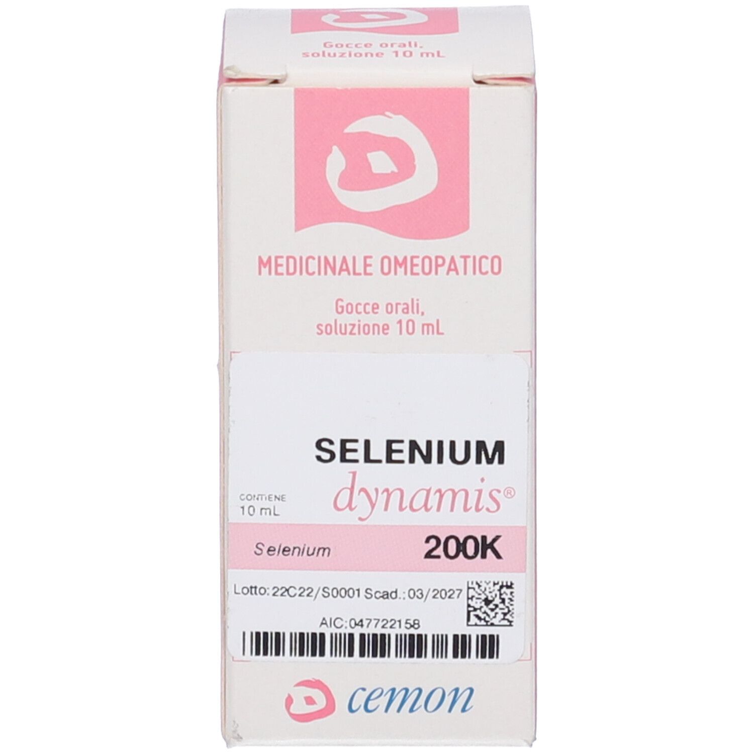 Confezione del prodotto. Scritta: Selenium dynamis 200K, 10 ml, cemon.