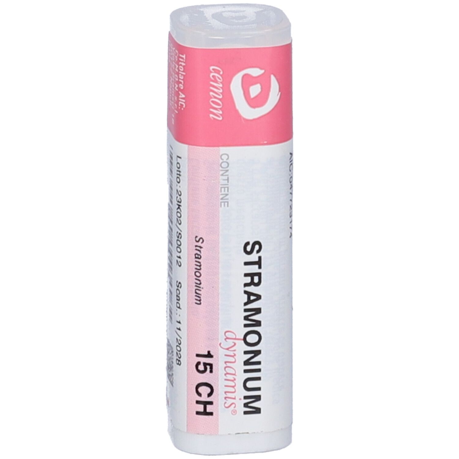 Confezione cilindrica con etichetta rosa e bianca. Scritta: Stramonium dynamis 15 CH. Produttore: Cemon.