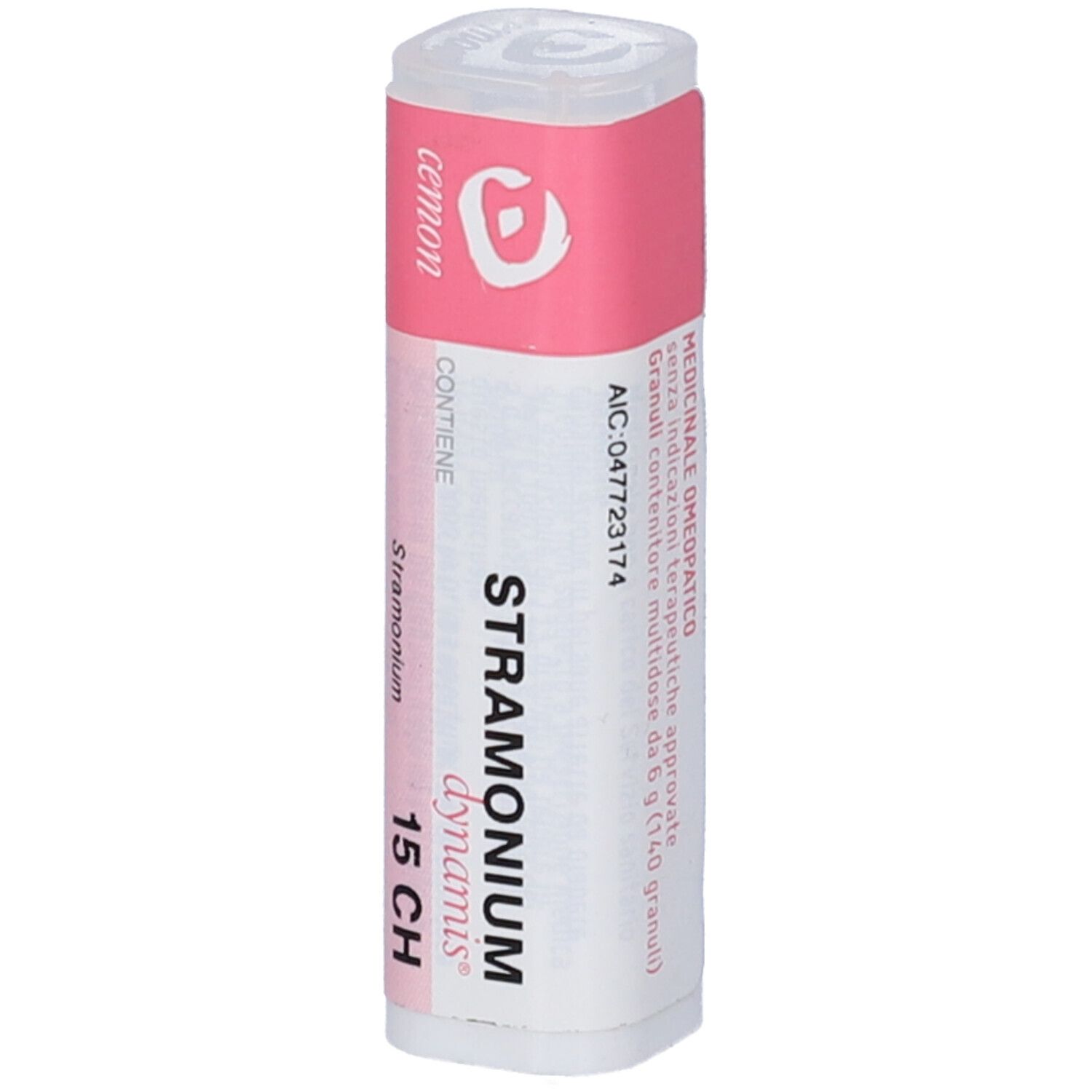Confezione cilindrica con etichetta rosa e bianca. Scritta: Stramonium dynamis 15 CH. Produttore: Cemon.
