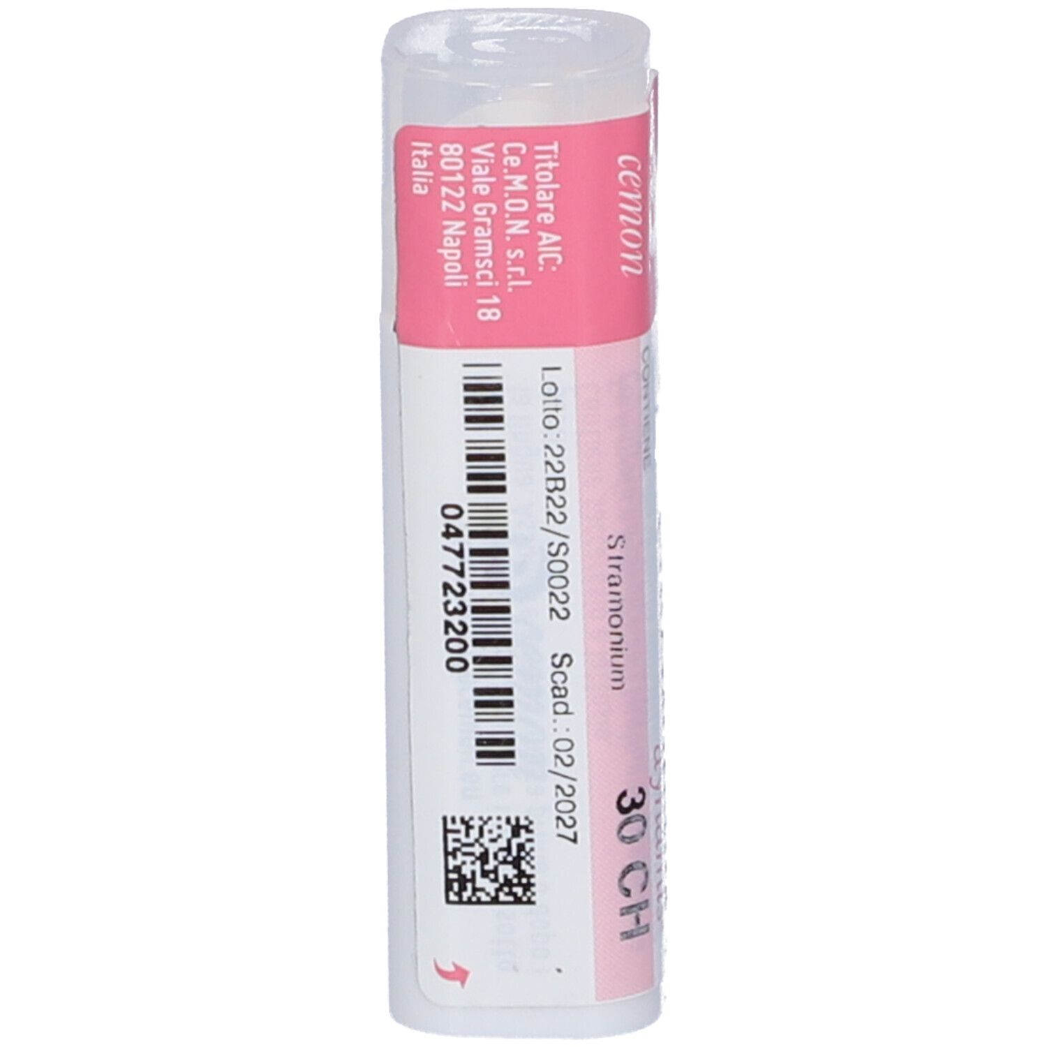 Confezione cilindrica. Etichetta rosa con informazioni prodotto, numero di lotto e scadenza.