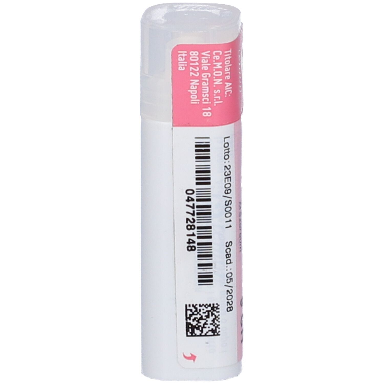 Flacone bianco, etichetta rosa con codice a barre e testo. "cemon" e indirizzo.