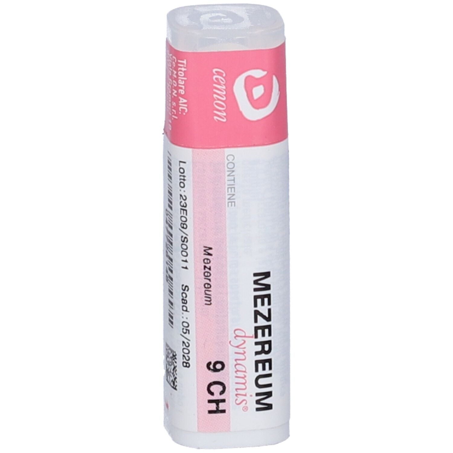 Flacone bianco con etichetta rosa. Testo: Mezereum dynamis 9 CH. "cemon" in alto.