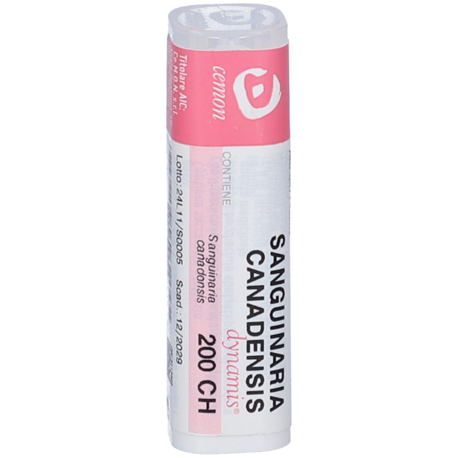 Confezione multidose cilindrica bianca con fascia rosa. Scritta: Sanguinaria canadensis dynamis 200 CH. Logo e nome del produttore.