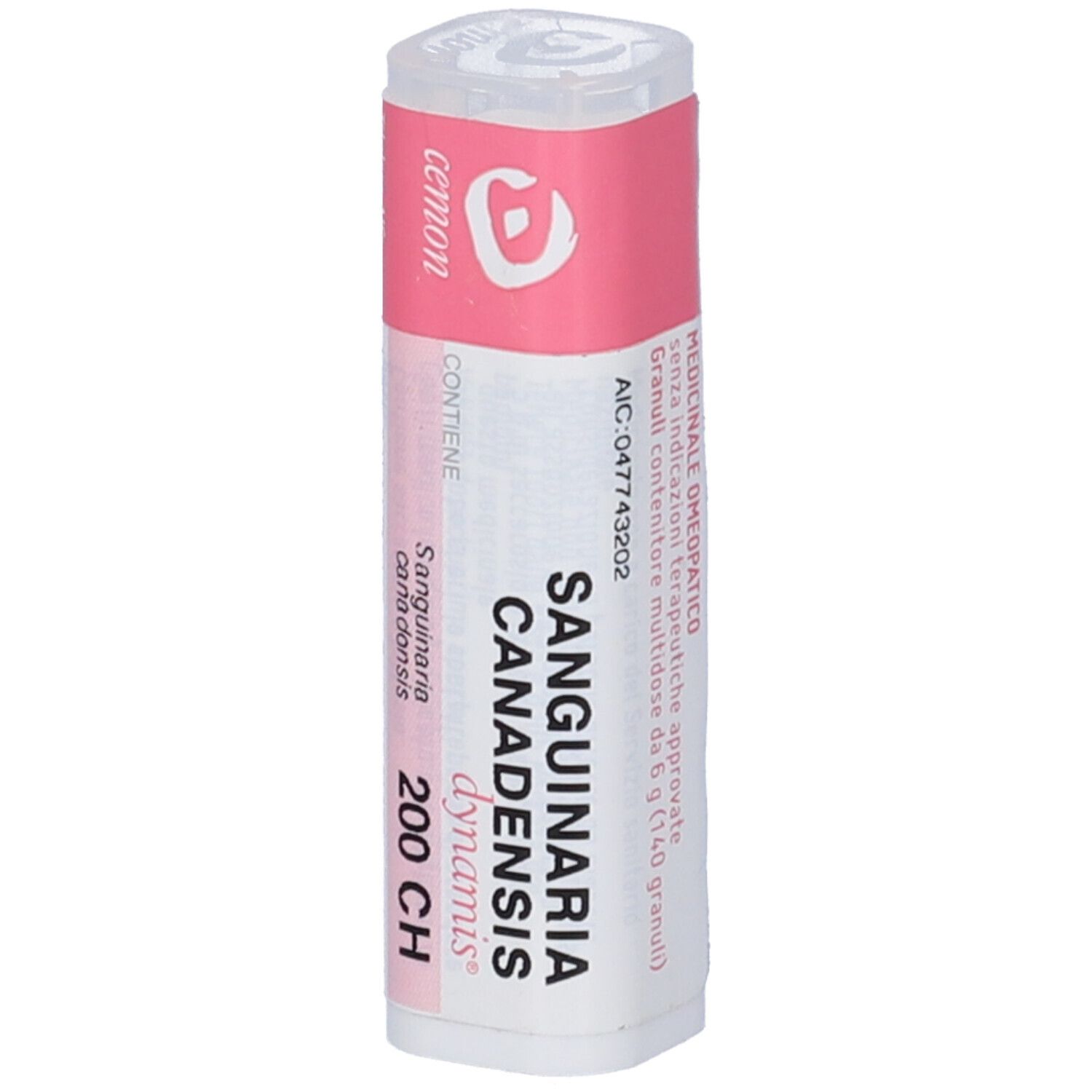 Confezione multidose cilindrica bianca con fascia rosa. Scritta: Sanguinaria canadensis dynamis 200 CH. Logo e nome del produttore.