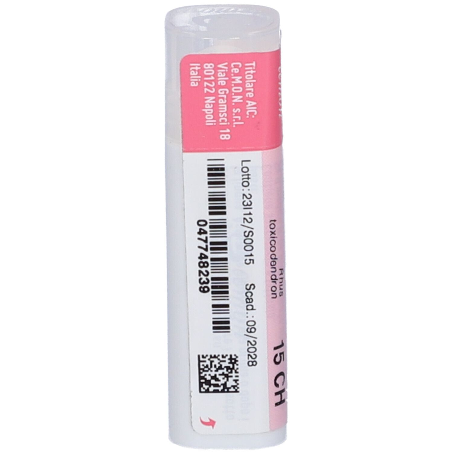 Confezione cilindrica con etichetta rosa e bianca. Scritta: Rhus toxicodendron dynamis 15 CH, Cemon, con codice a barre e QR code.